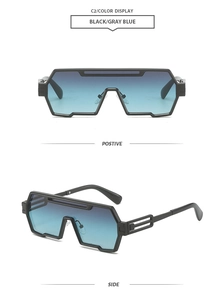 Front and side views of punk style geometric oversized sunglasses with blue gradient lenses