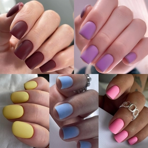 Matte square press-on nails set in multi-color solid wine, lavender, and yellow shades