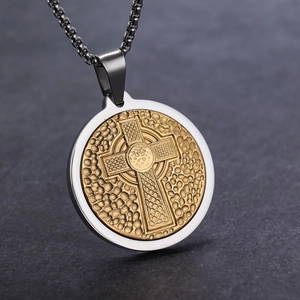 Two-tone Celtic cross round pendant necklace in gold and silver stainless steel