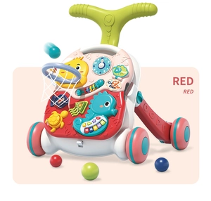 Detail view of red baby walker showing basketball hoop and interactive animal gears