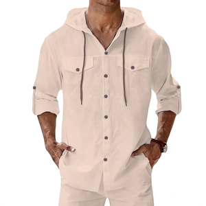 Chemise à capuche en lin pour hommes avec poches poitrine et manches longues beige