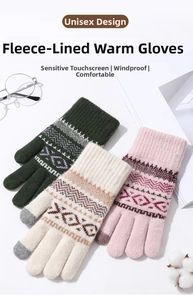 Detail of warm winter knit gloves with touch screen fingertips and fleece lining