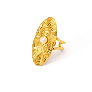 Oceanic 18K gold plated stainless steel ring with starfish texture and central pearl