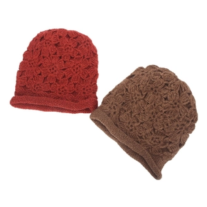 Handmade crochet knit beanie featuring double-layer flower patterns for autumn and winter