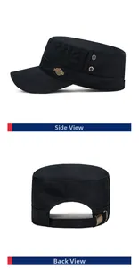 Side and rear view of cotton flat top cap featuring metal HEYHAT badge and buckle