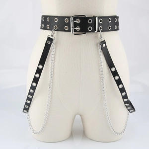Punk Gothic PU Leather Grommet Belt With Detachable Metal Chain Leg Strap Streetwear Style For Women