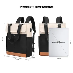 Size guide for 15.6 inch laptop travel backpack with USB port and dimensions details