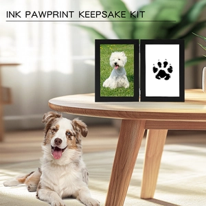 Detailed view of DIY pet paw print keepsake kit with black hinged wooden photo frame