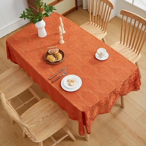 Elegant orange jacquard lace rectangular tablecloth with vintage floral hollow-out pattern