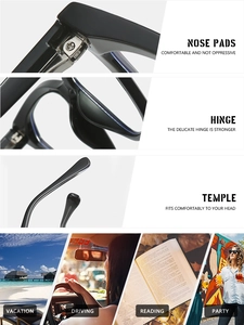 Detailed views of black TR90 cat-eye frame showing hinges, nose pads, and versatile usage
