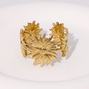 Minimalist golden sunflower stainless steel open ring with adjustable band for women
