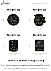 Detail showing enamel lapel pins with humorous quotes on white background with dimensions