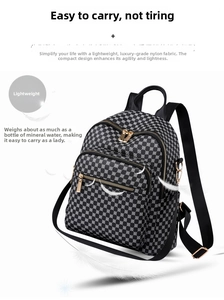 Detail of lightweight nylon backpack with black and white geometric circle patterns
