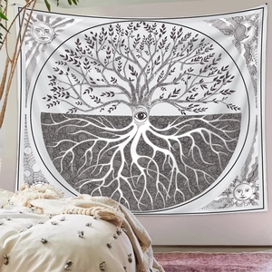 Detail of black and white Tree of Life tapestry with sun and moon for room decor