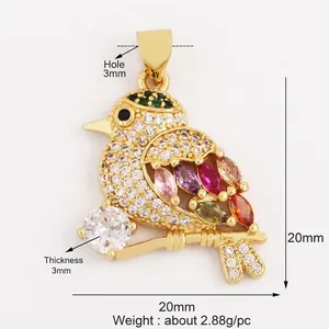 Bird-shaped jewelry pendant with colorful zircons set in gold-plated alloy, 20x20mm size