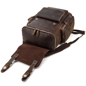 Large vintage crazy horse leather backpack for men in dark brown with multiple pockets
