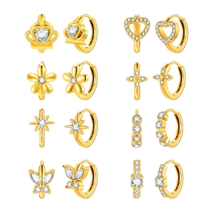 8 pairs of gold stainless steel huggie earrings featuring heart and butterfly charms