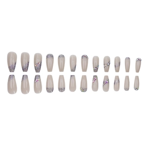 Sparkling long ballerina press-on nails with silver glitter gradient and rhinestones