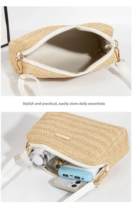 Detail view of woven crossbody bag showing interior storage space for daily essentials
