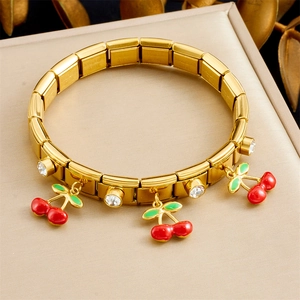 Italian Charm Bracelet Gold Plated Stainless Steel Red Enamel Cherry Pendant Round Zircon Modular Stretch Jewelry For Women