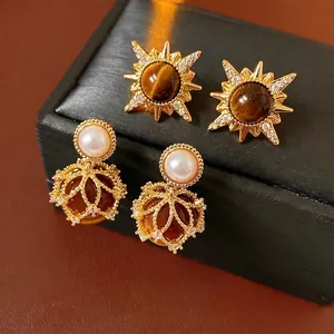 Vintage Retro Tiger's Eye Earrings With Zircon Starburst Artificial Pearl Decor Silver Earring Post Elegant For Women
