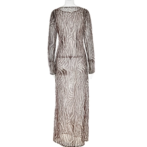Detail view of the bohemian mesh maxi dress featuring sheer brown zebra print fabric
