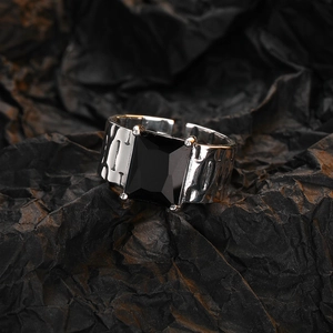 Adjustable buckle strap ring with black zircon stone and vintage textured metal finish