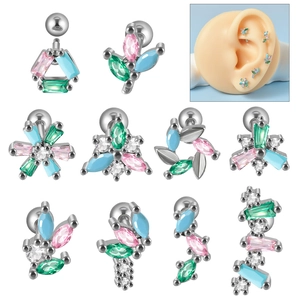 Orecchini a Bottone in Acciaio Inossidabile con Zirconia Cartilagine Multicolore Zircone Fiore Foglia Gioielli per Donna