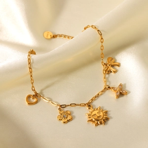 Stainless Steel Charm Bracelet 18K Gold Plated Heart Sun Flower Bow Rhinestone Adjustable Chain Jewelry For Women