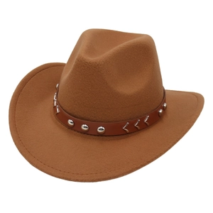 Classic brown western cowboy felt hat with studded leather band and vintage metal accents