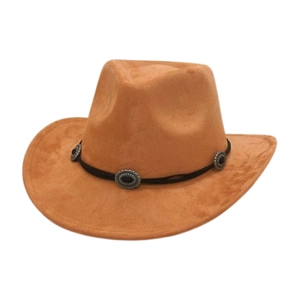 Classic camel faux suede western fedora hat with vintage silver metal disc ornaments