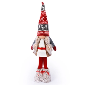Standing Christmas gnome doll with reindeer hat and long white pigtails decor
