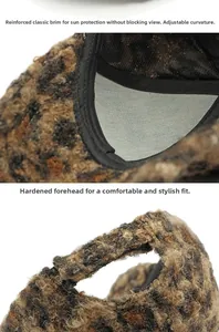 Detail of leopard print faux fur baseball cap showing the adjustable brim and stiffened front