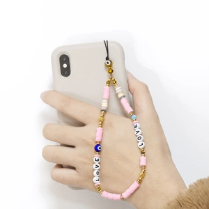 Bohemian Handmade Polymer Clay Beads Phone Charm Evil Eye LOVE Letter Beaded Lanyard Women Fashion Phone Accessories