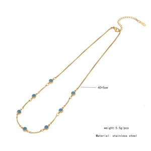 Detail of gold stainless steel layered evil eye necklace with size and weight info
