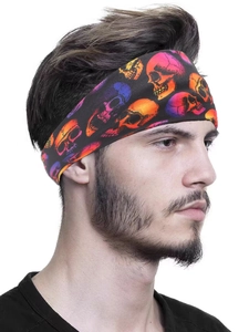 Detail of cross-layered sports headband with colorful skull print on a male model