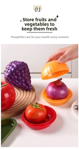Detail view of onion-shaped plastic food container on a rustic wooden tray for fresh storage