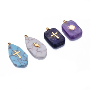 Stainless steel natural stone pendants in teardrop and square shapes with gold cross icons