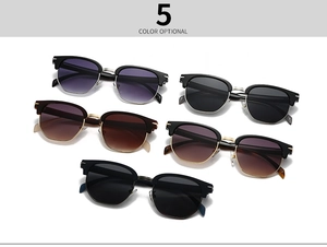 Five assorted classic clubmaster sunglasses with square frames and various lens colors
