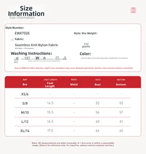 Size chart and fabric details for seamless sports bra with dimensions in centimeters