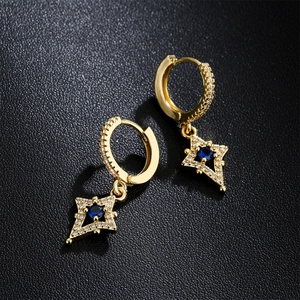 18K gold plated star hoop earrings with blue gemstone and sparkling zircon accents