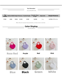 Size chart for heart shaped silicone jelly bags with colorful mini handbag options