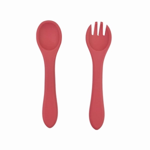 Food-grade silicone baby feeding spoon and fork set in red for toddler self-feeding