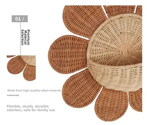 Close-up of premium handcrafted rattan weaving texture on sunflower wall basket
