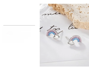 Detailed view of rainbow cloud silver stud earrings with colorful cubic zirconia stones