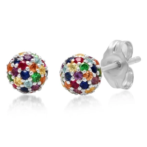 Detailed view of silver screw-back stud earrings with multi-color pavé crystals