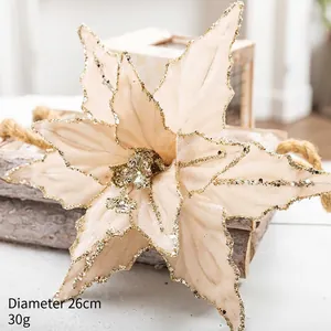 Detail of 26cm beige velvet Christmas flower with gold glitter and retro European style