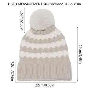 Size chart for wave pattern knit beanie showing head circumference 56 to 58 cm and height