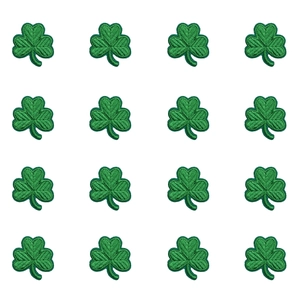 Close-up of 16 embroidered green shamrock patches arranged in a detailed 4x4 grid pattern