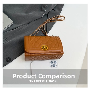 Detailed view of brown quilted leather handbag with gold metal twist lock and chain strap
